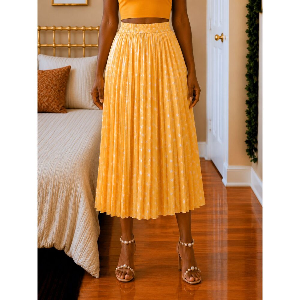 Vintage Evan Picone Womens Size 12 Yellow Star Pleated Midi Skirt Celestial